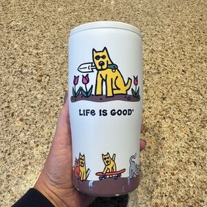 Life Is Good White and Yellow Dog hard Koozie